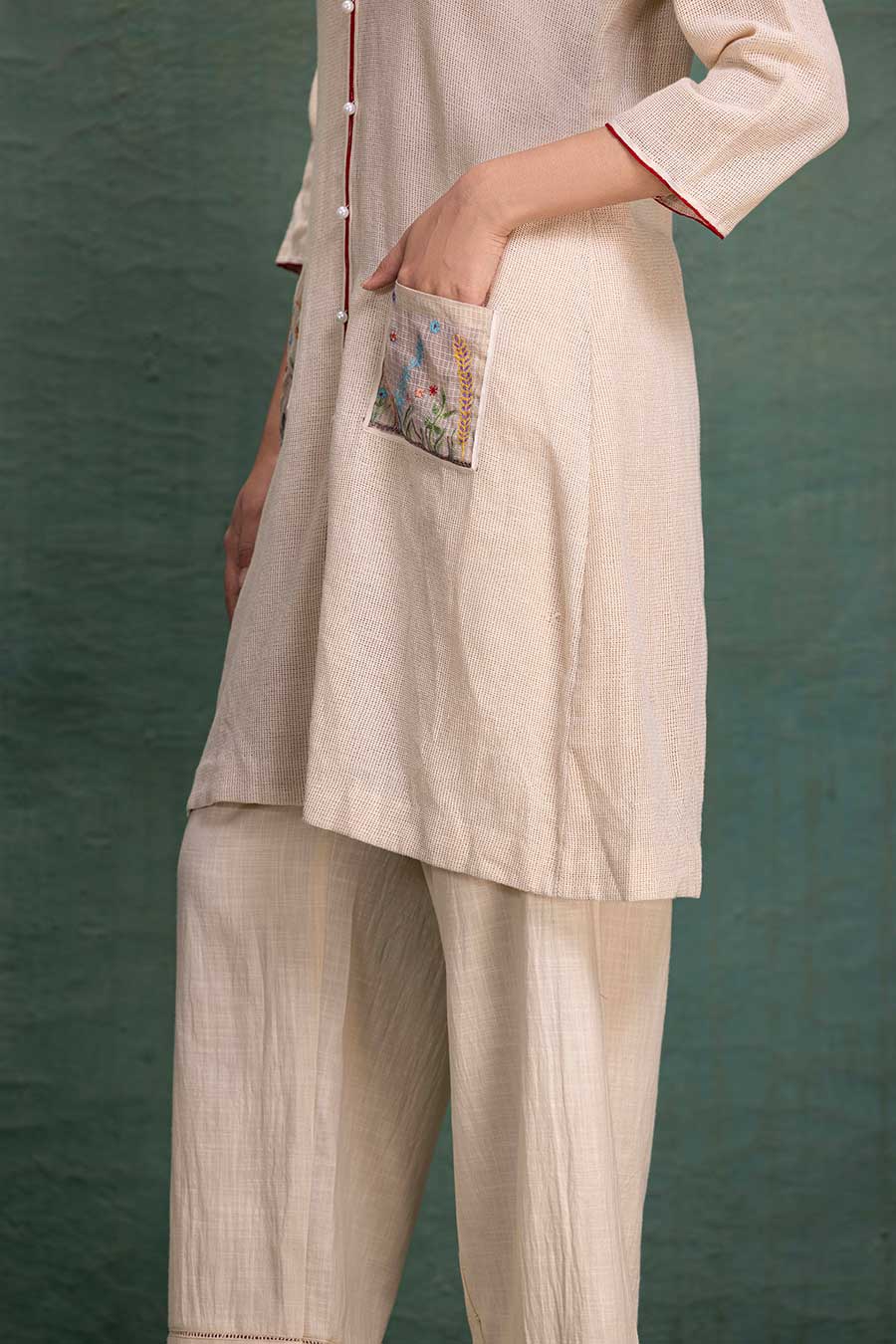 Beige Cotton Mesh Embroidered Co-Ord Set