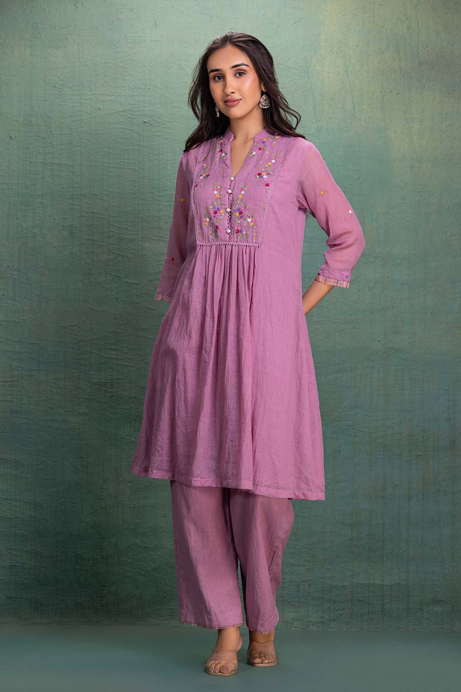 Pink Cotton Embroidered Kurta & Pant Set