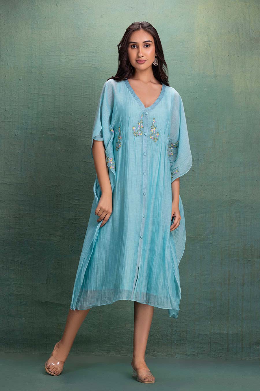 Blue Chanderi Embroidered Midi Kaftan Dress