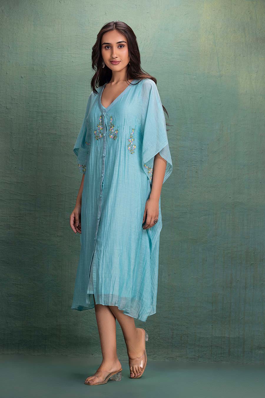 Blue Chanderi Embroidered Midi Kaftan Dress