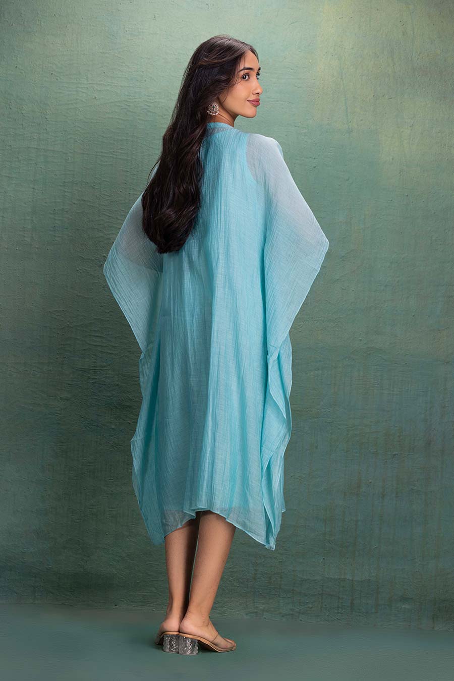 Blue Chanderi Embroidered Midi Kaftan Dress