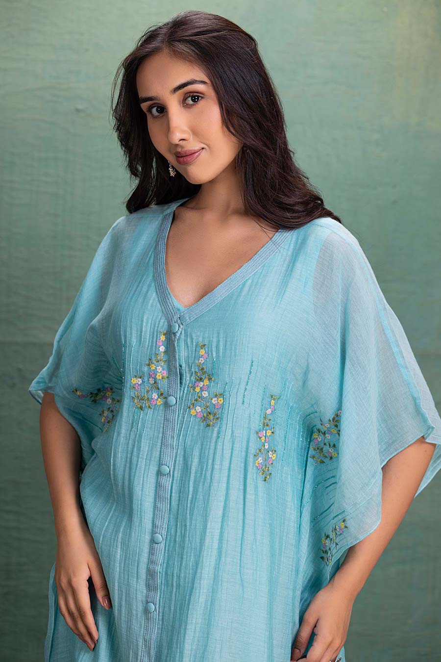 Blue Chanderi Embroidered Midi Kaftan Dress