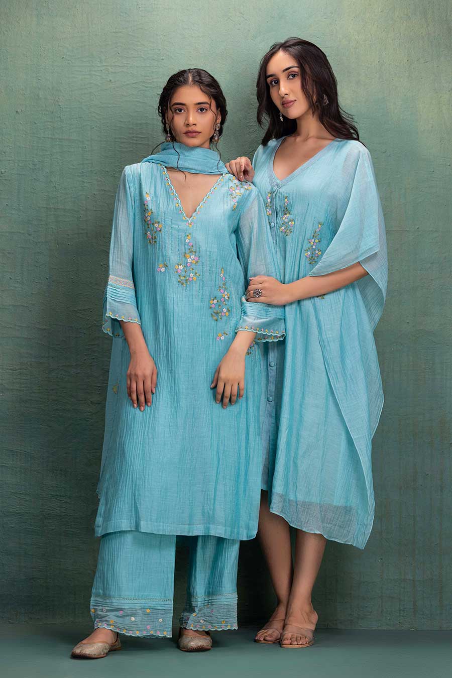 Blue Chanderi Embroidered Midi Kaftan Dress