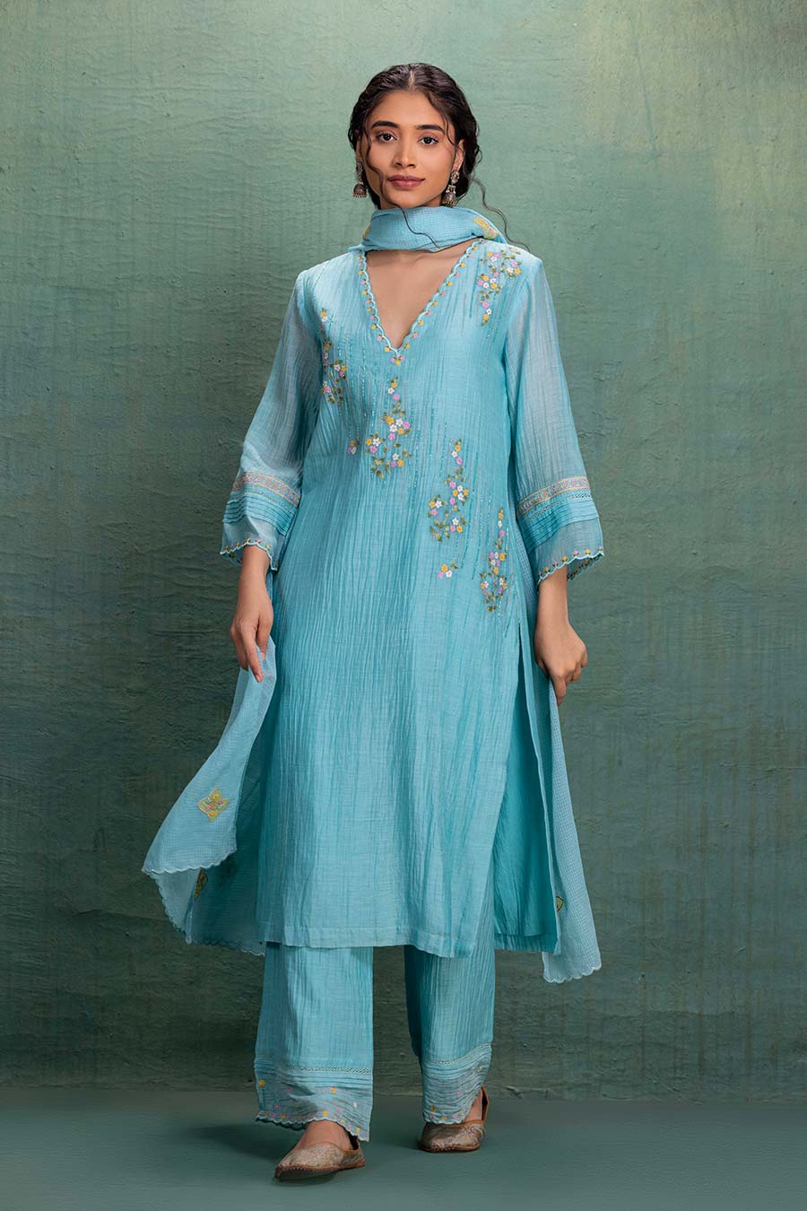 Blue Chanderi Embroidered Kurta Set with Dupatta