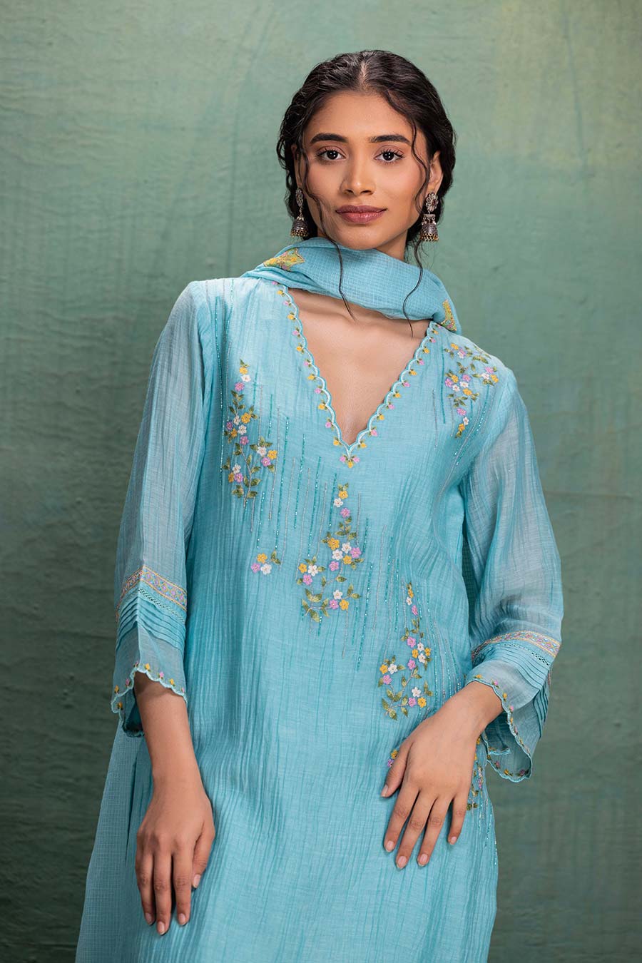Blue Chanderi Embroidered Kurta Set with Dupatta