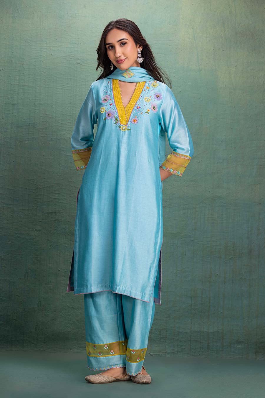 Blue Chanderi Embroidered Kurta Set with Dupatta