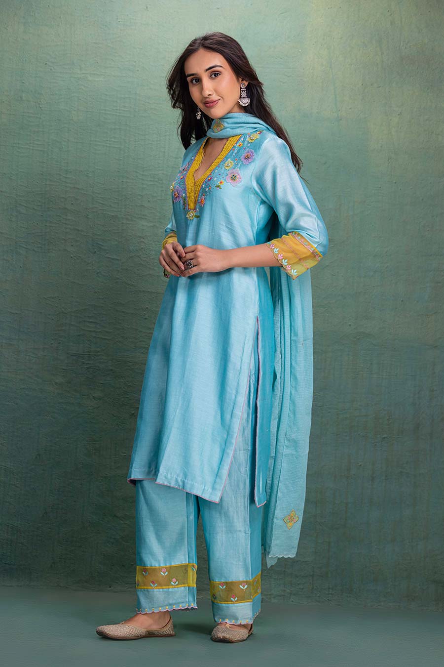 Blue Chanderi Embroidered Kurta Set with Dupatta