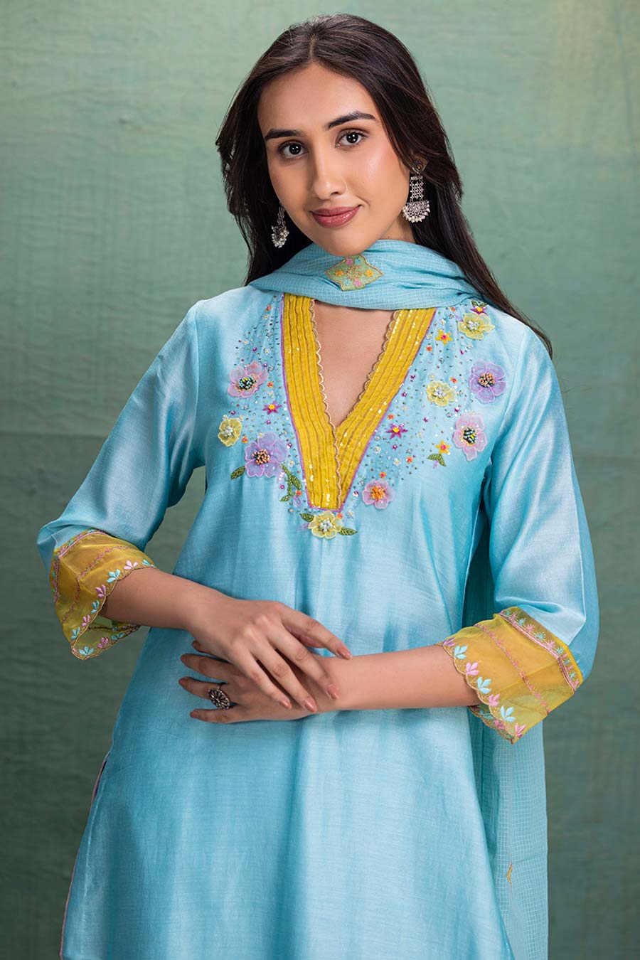 Blue Chanderi Embroidered Kurta Set with Dupatta