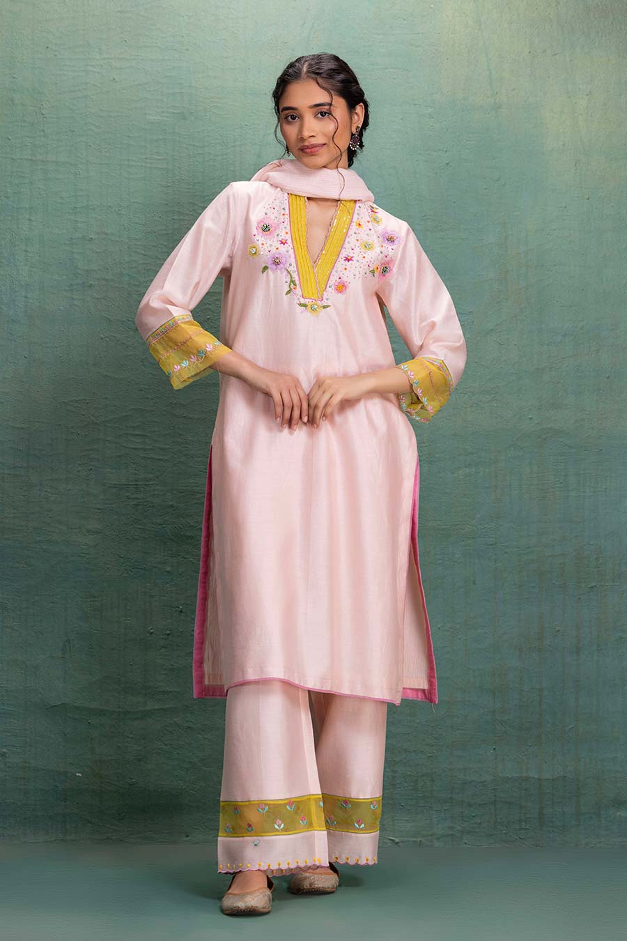Pink Chanderi Embroidered Kurta Set with Dupatta