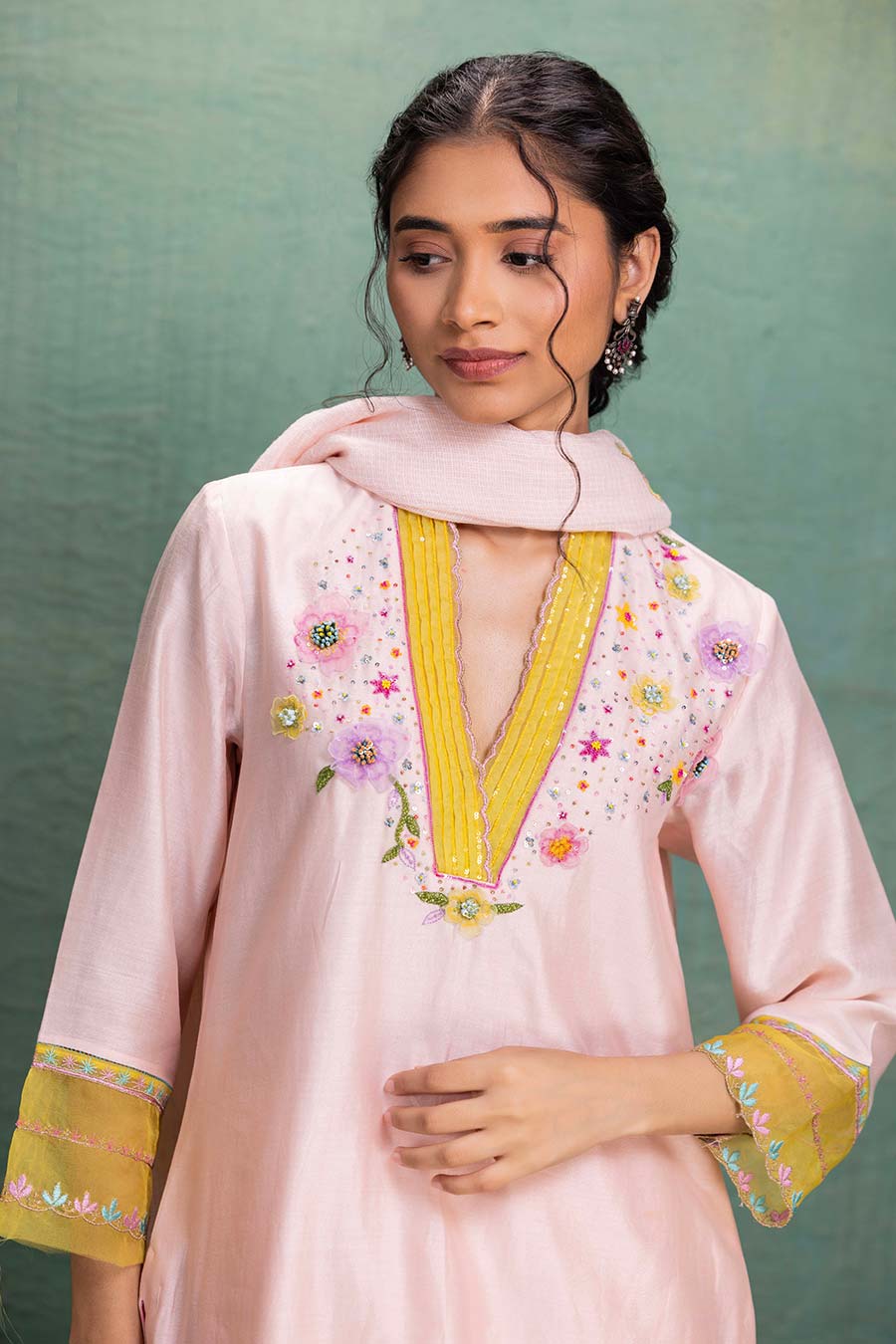 Pink Chanderi Embroidered Kurta Set with Dupatta