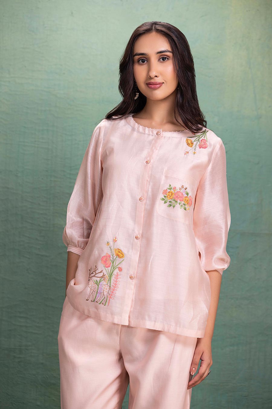 Pink Chanderi Embroidered Shirt Co-Ord Set