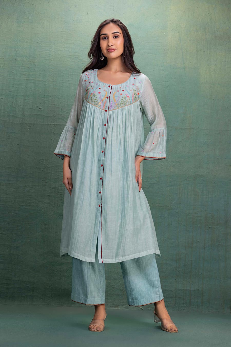 Blue Chanderi Embroidered Shirt Tunic Co-Ord Set