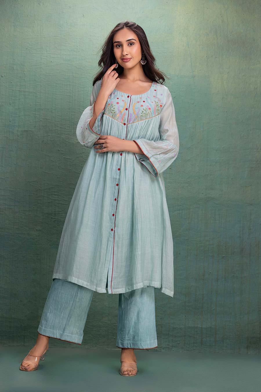 Blue Chanderi Embroidered Shirt Tunic Co-Ord Set