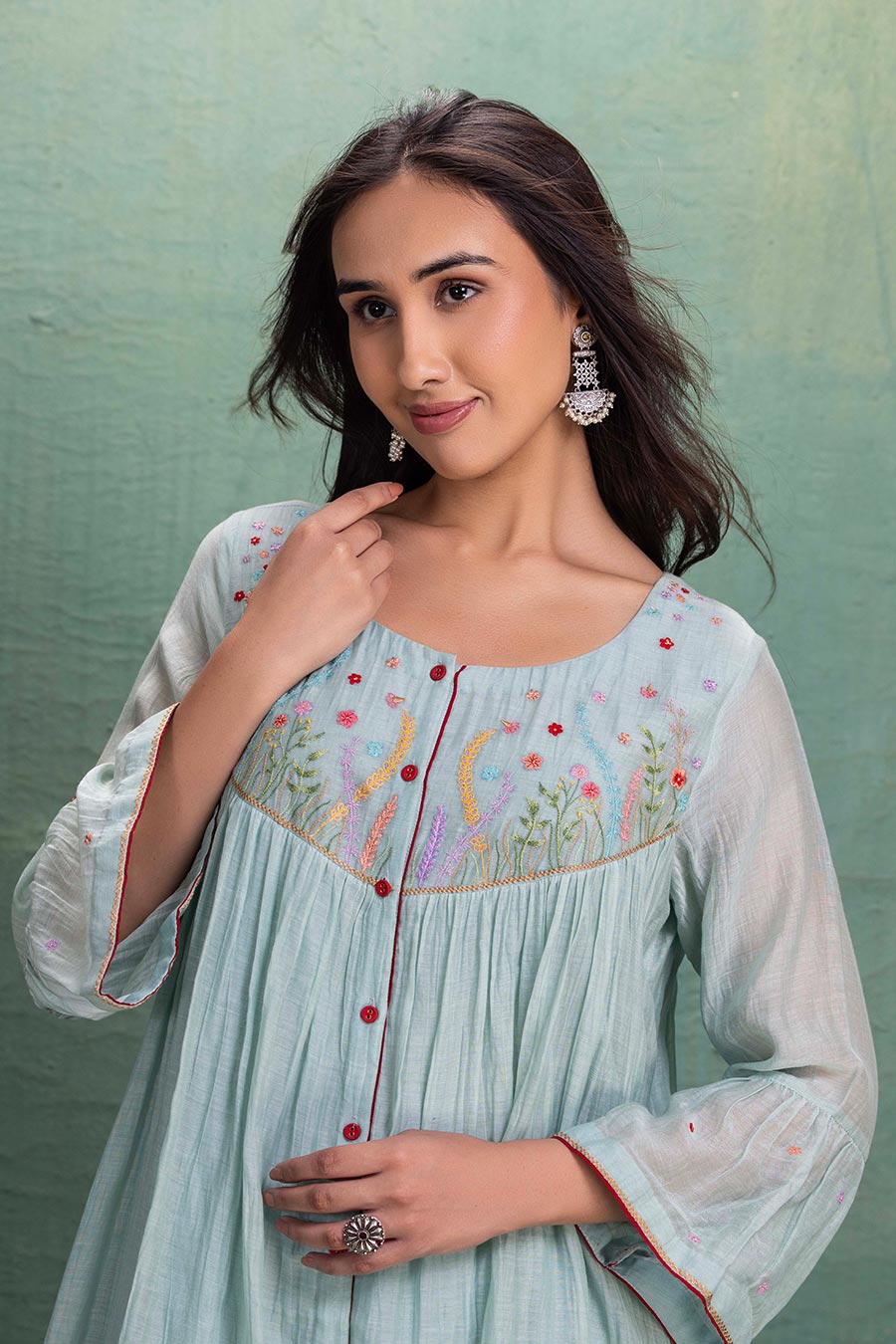 Blue Chanderi Embroidered Shirt Tunic Co-Ord Set