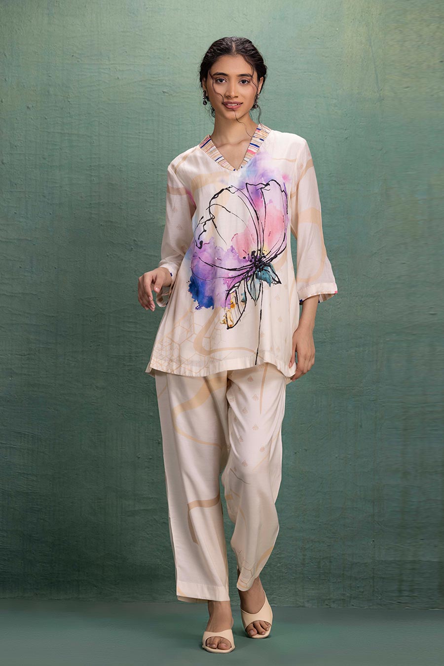 Cream Printed Cotton Silk Co-Ord Set