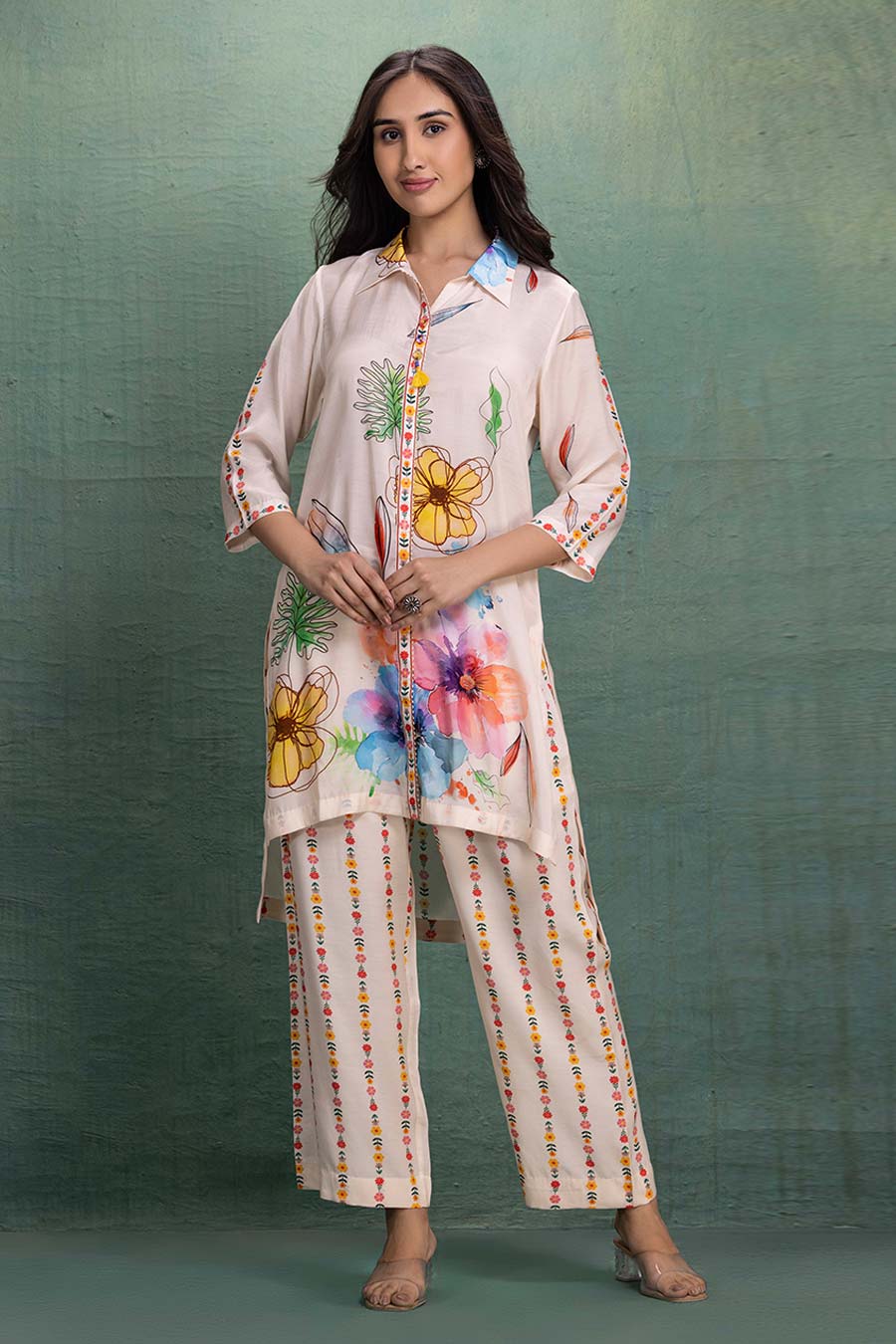 Cream Printed Cotton Silk Tunic Co-Ord Set
