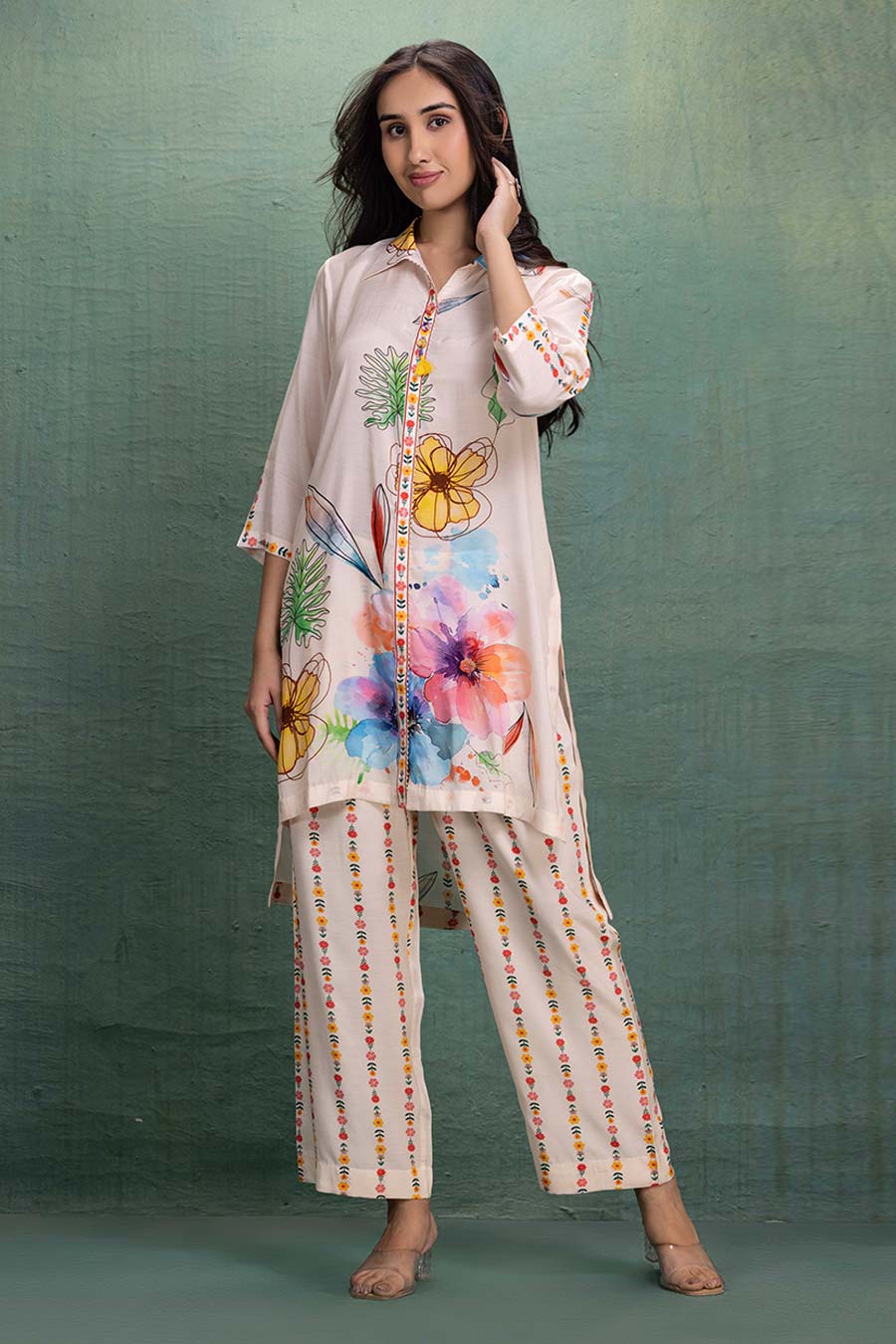 Cream Printed Cotton Silk Tunic Co-Ord Set