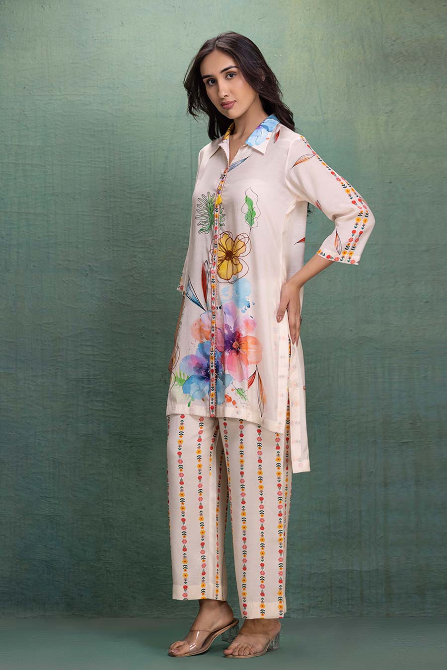 Cream Printed Cotton Silk Tunic Co-Ord Set