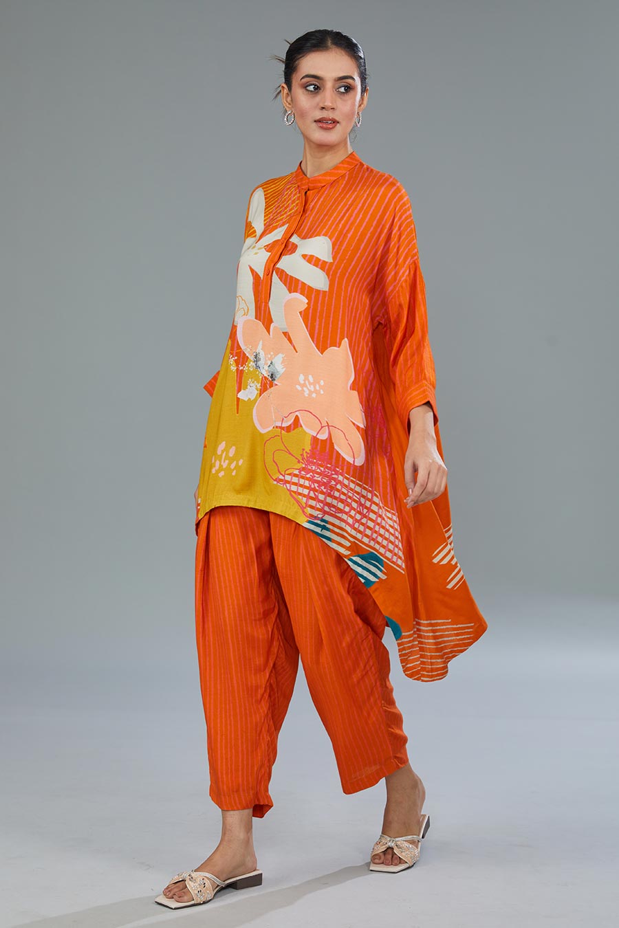 Orange Printed High-Low Tunic & Pant Set