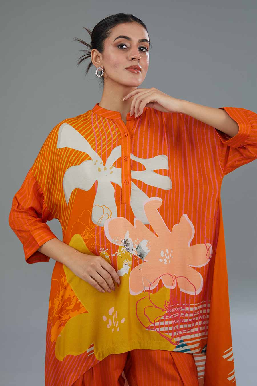 Orange Printed High-Low Tunic & Pant Set