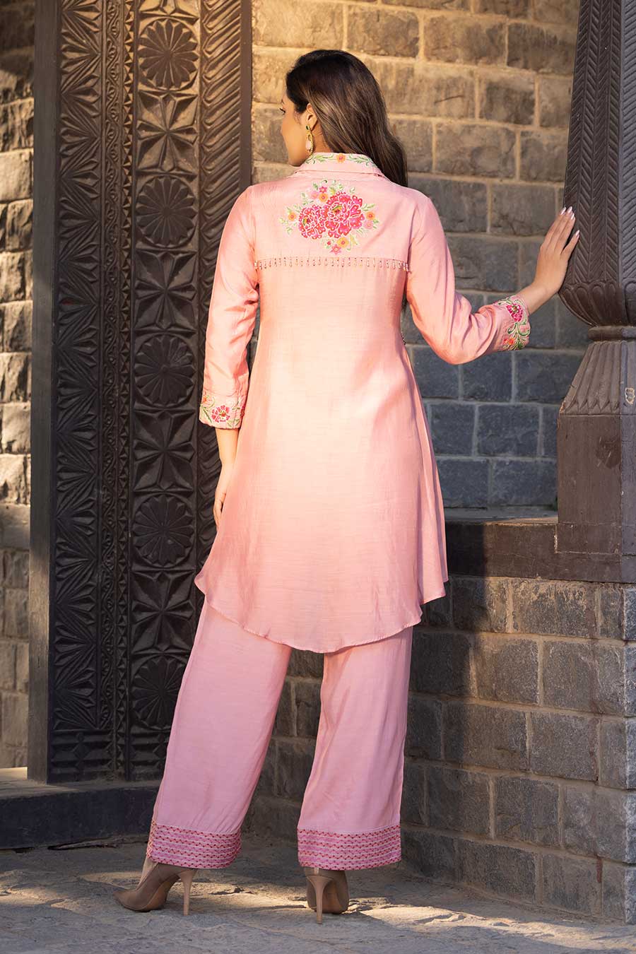 Peach Embroidered High-Low Tunic & Pant Set