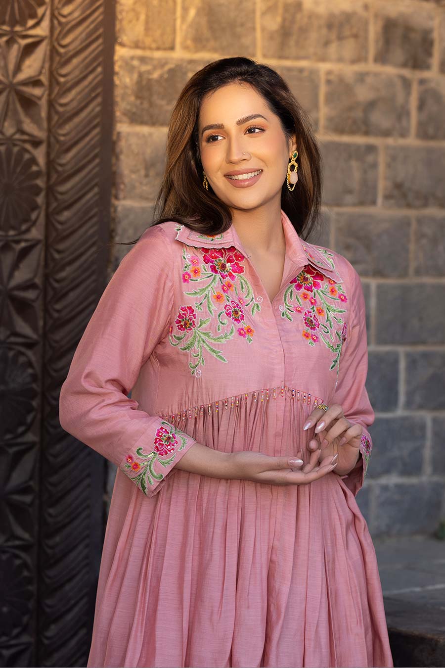 Peach Embroidered High-Low Tunic & Pant Set