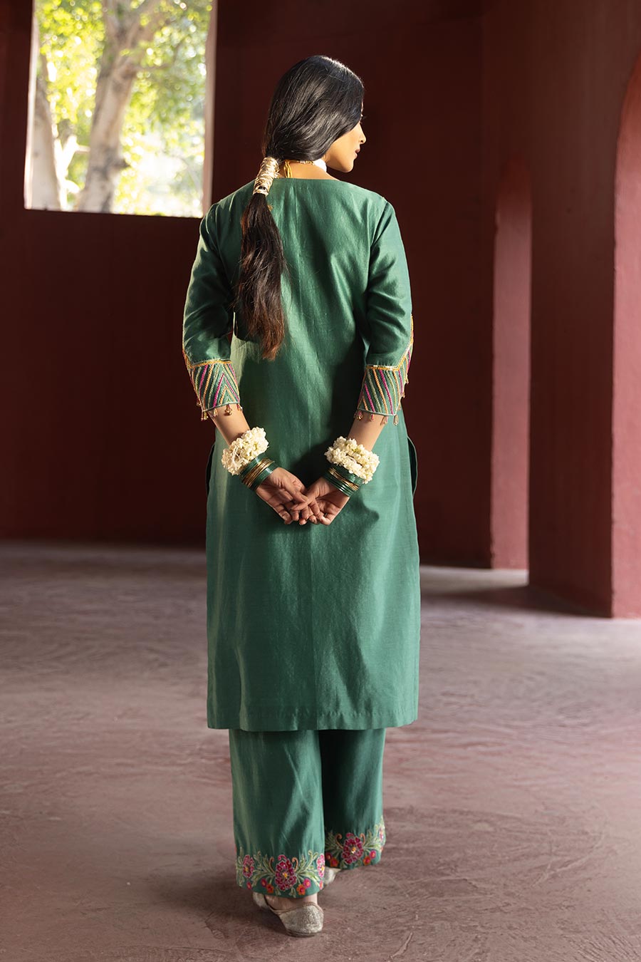 Green Chanderi Embroidered Kurta Set