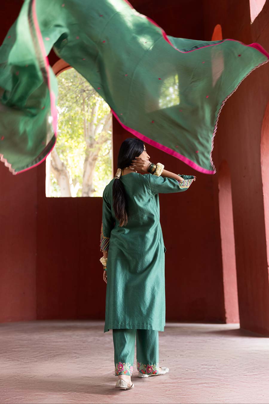 Green Chanderi Embroidered Kurta Set