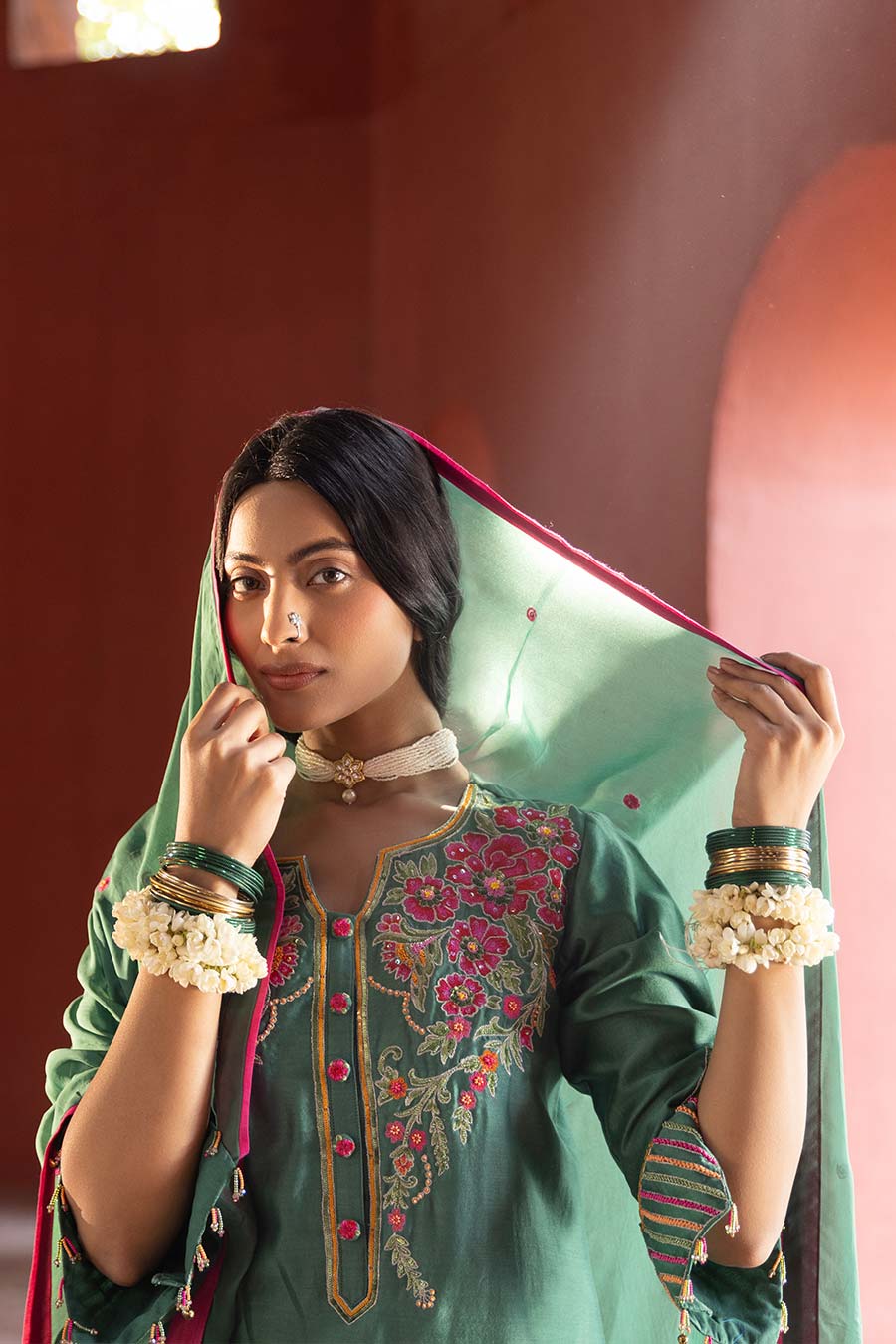 Green Chanderi Embroidered Kurta Set