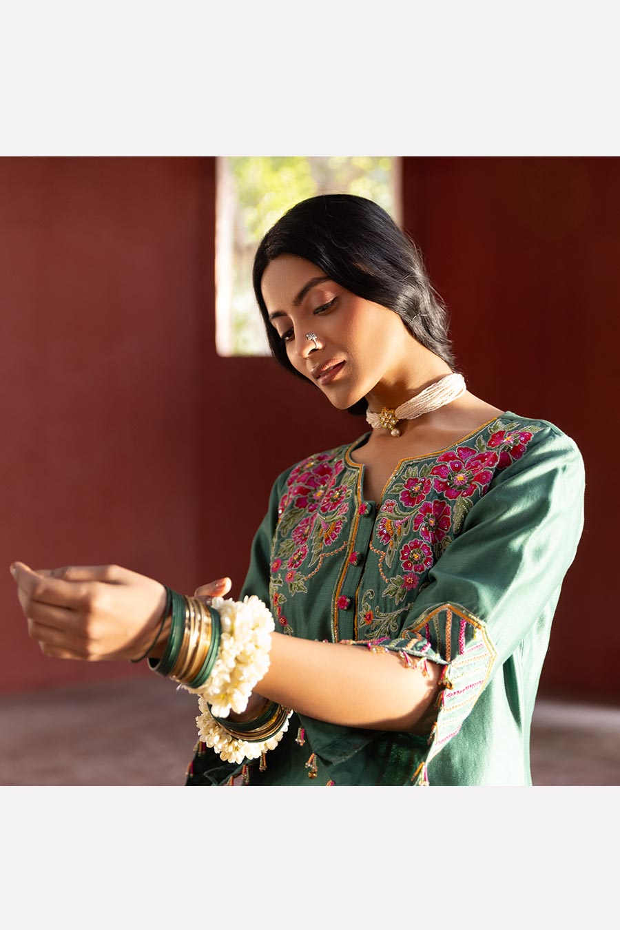 Green Chanderi Embroidered Kurta Set