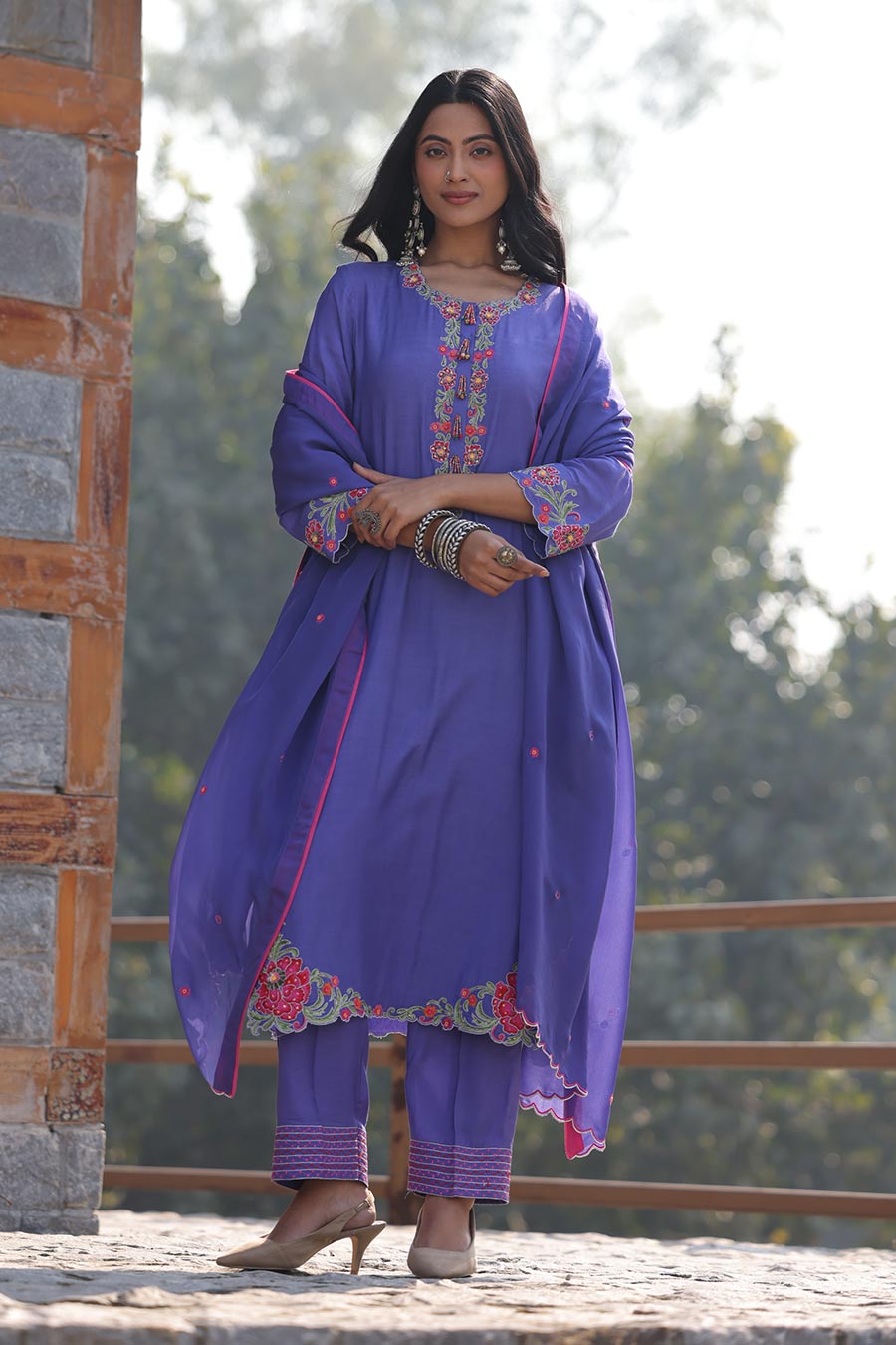 Mauve Floral Embroidered Kurta Set
