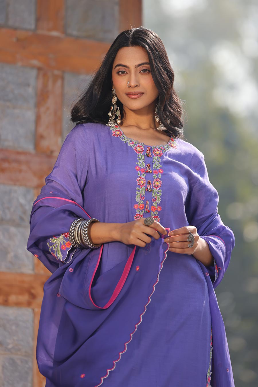 Mauve Floral Embroidered Kurta Set