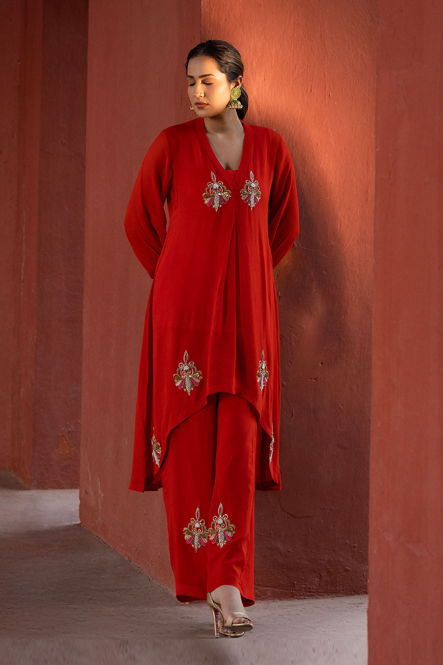 Red Embroidered High-Low Kurta & Pant Set