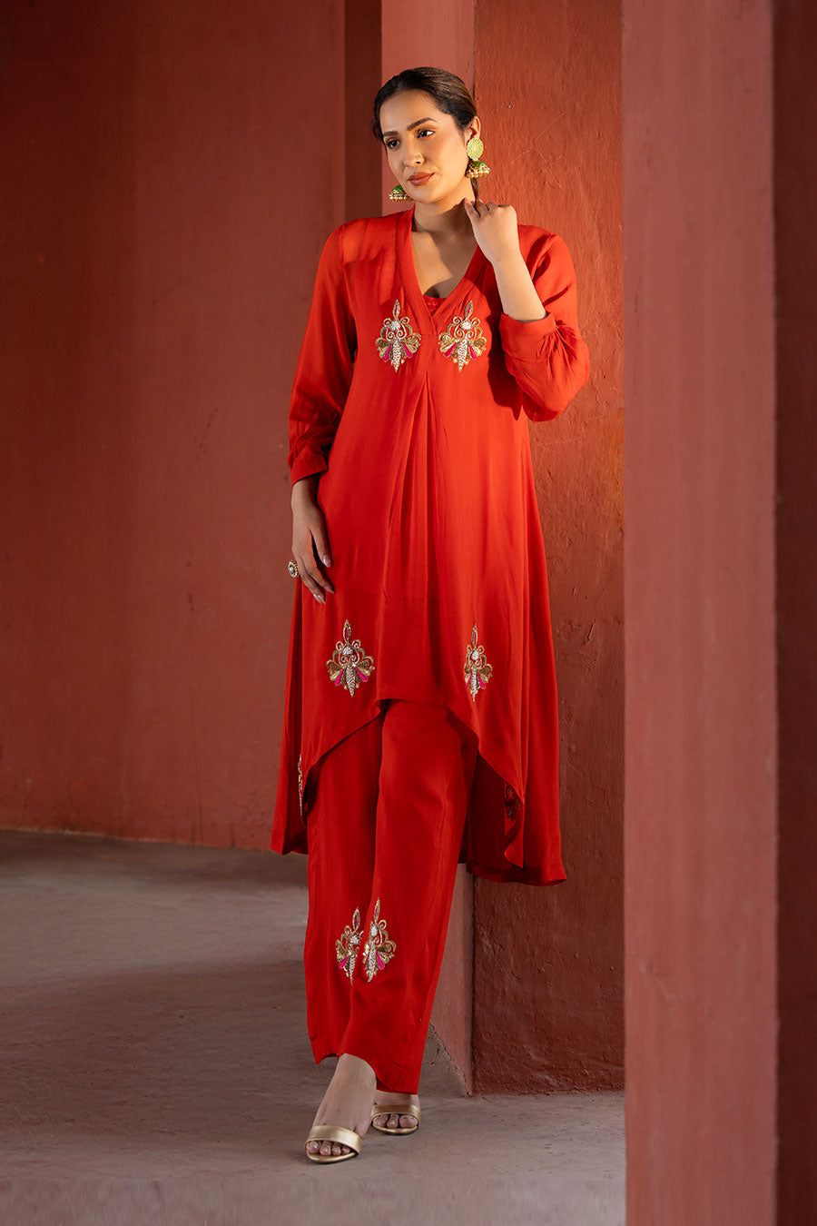 Red Embroidered High-Low Kurta & Pant Set