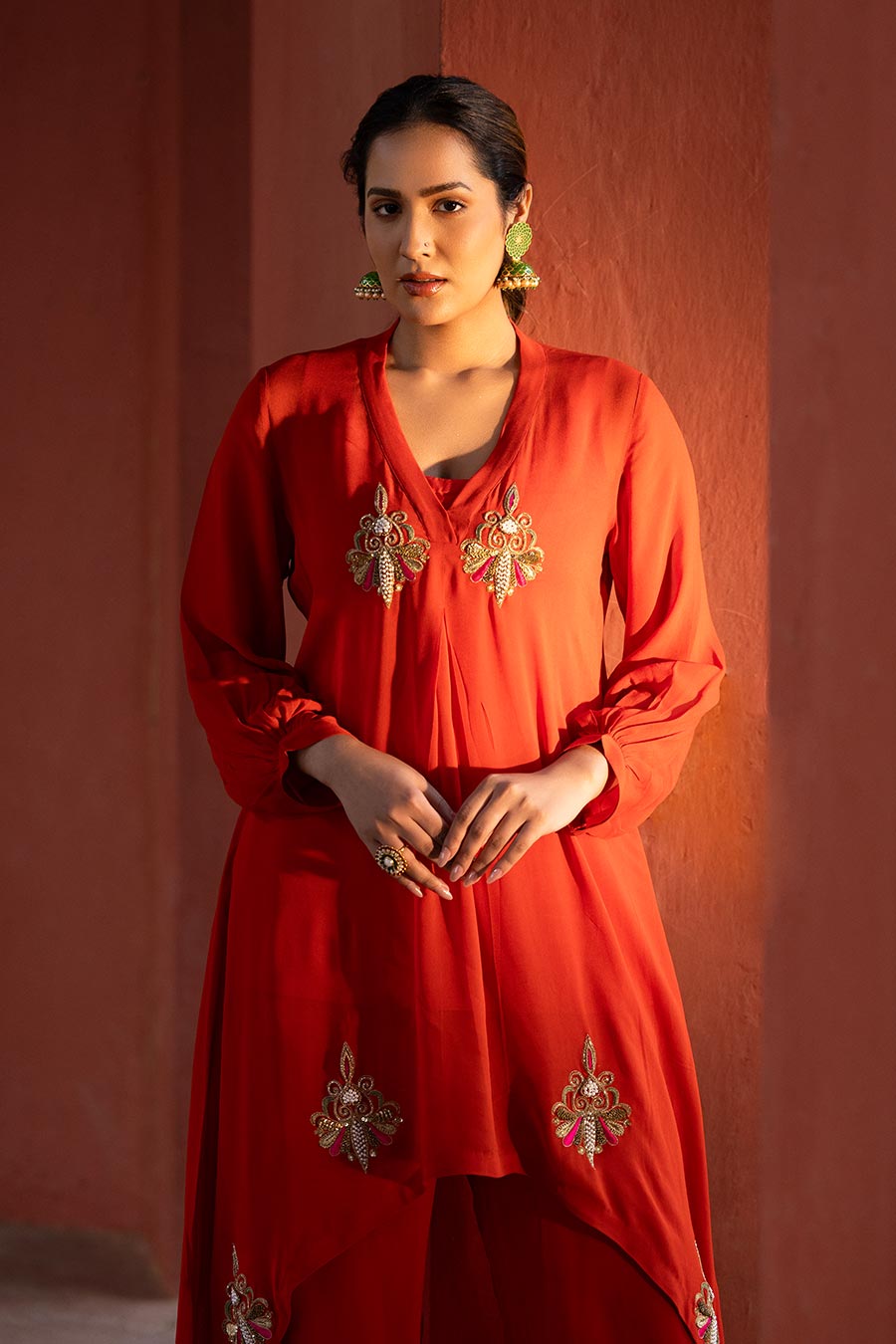 Red Embroidered High-Low Kurta & Pant Set