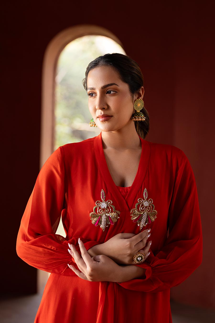 Red Embroidered High-Low Kurta & Pant Set