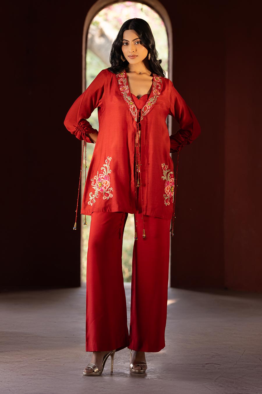 Rust Embroidered Shrug & Pant Co-Ord Set