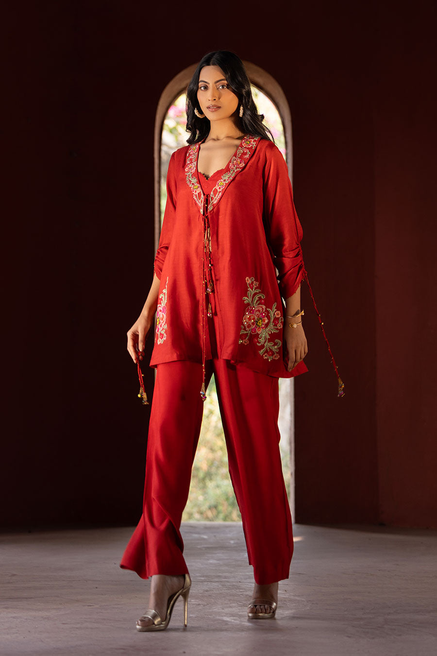 Rust Embroidered Shrug & Pant Co-Ord Set