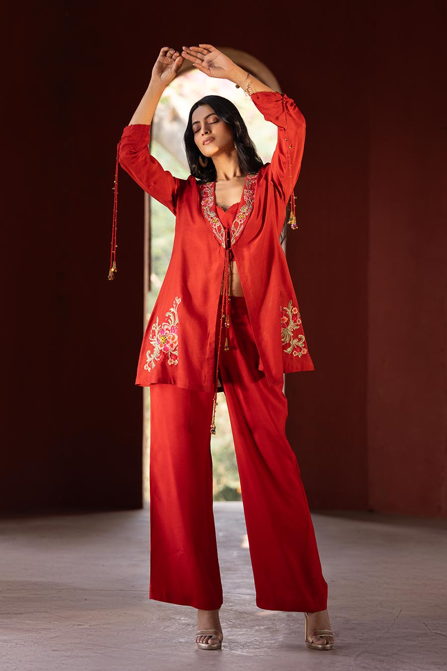 Rust Embroidered Shrug & Pant Co-Ord Set