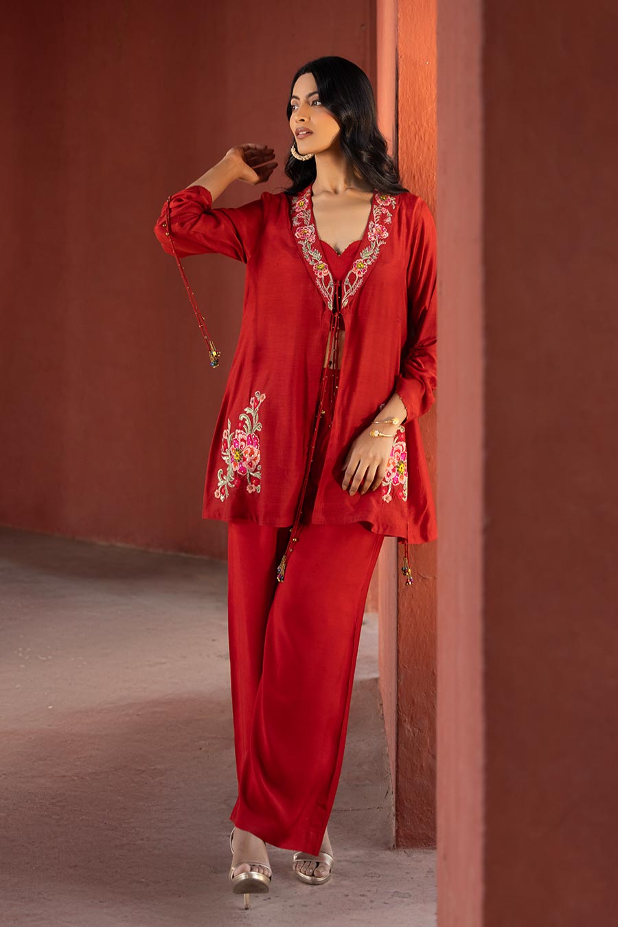 Rust Embroidered Shrug & Pant Co-Ord Set
