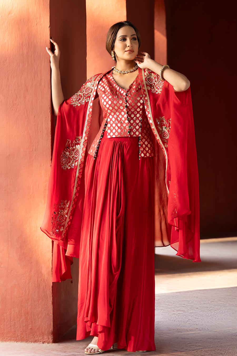 Red Embroidered Top, Shrug & Skirt Set