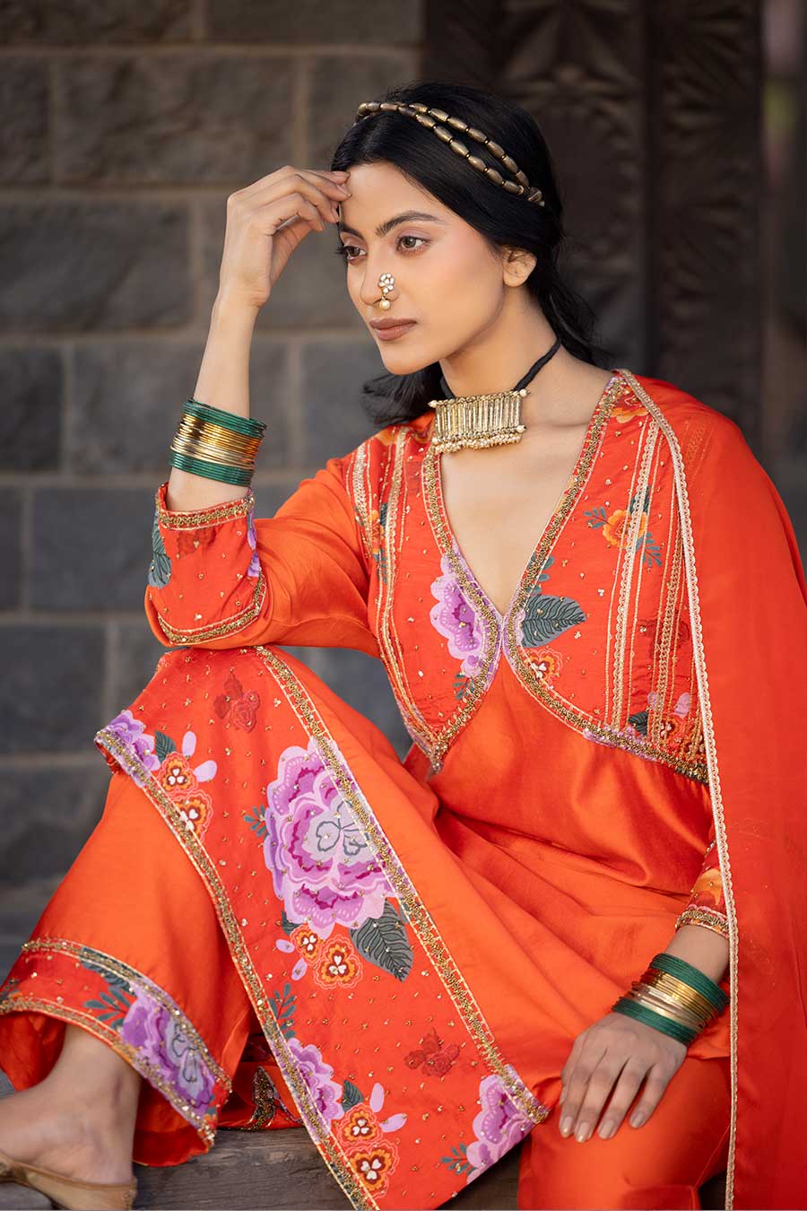 Orange Chanderi Embellished Kurta Set