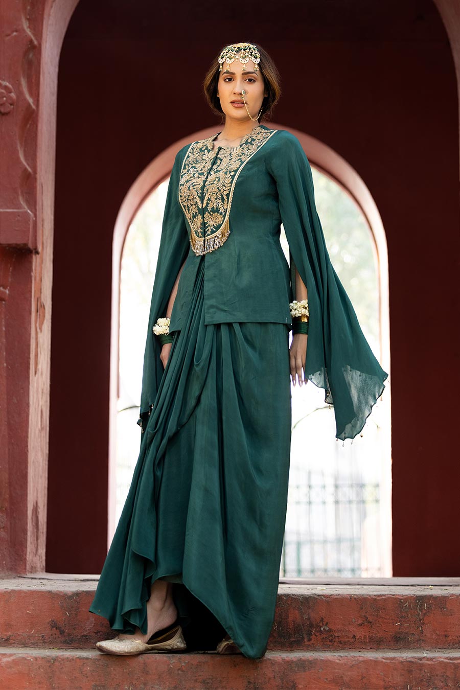 Green Embroidered Jacket & Skirt Co-Ord Set