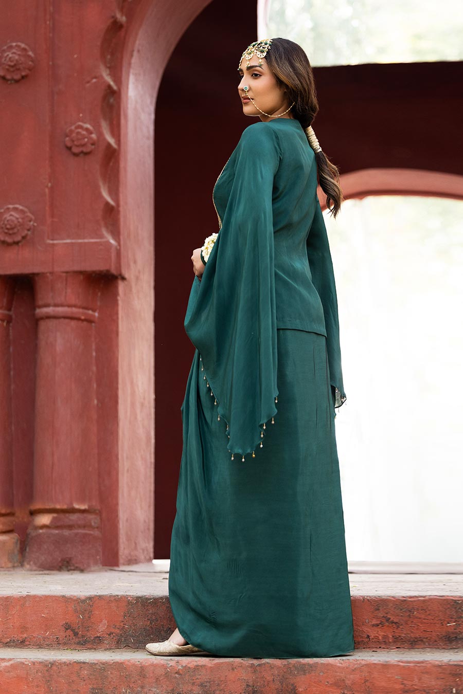 Green Embroidered Jacket & Skirt Co-Ord Set