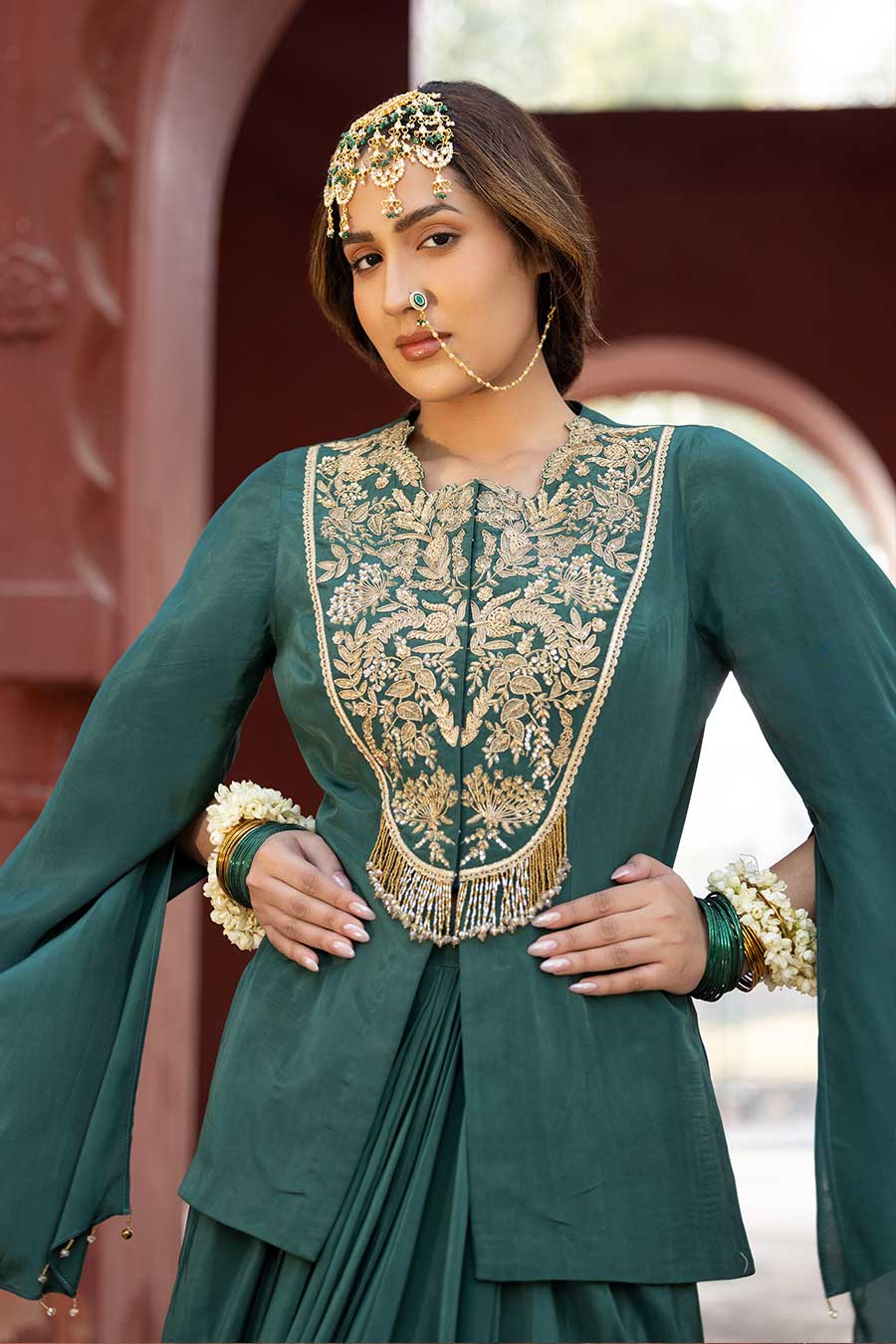 Green Embroidered Jacket & Skirt Co-Ord Set