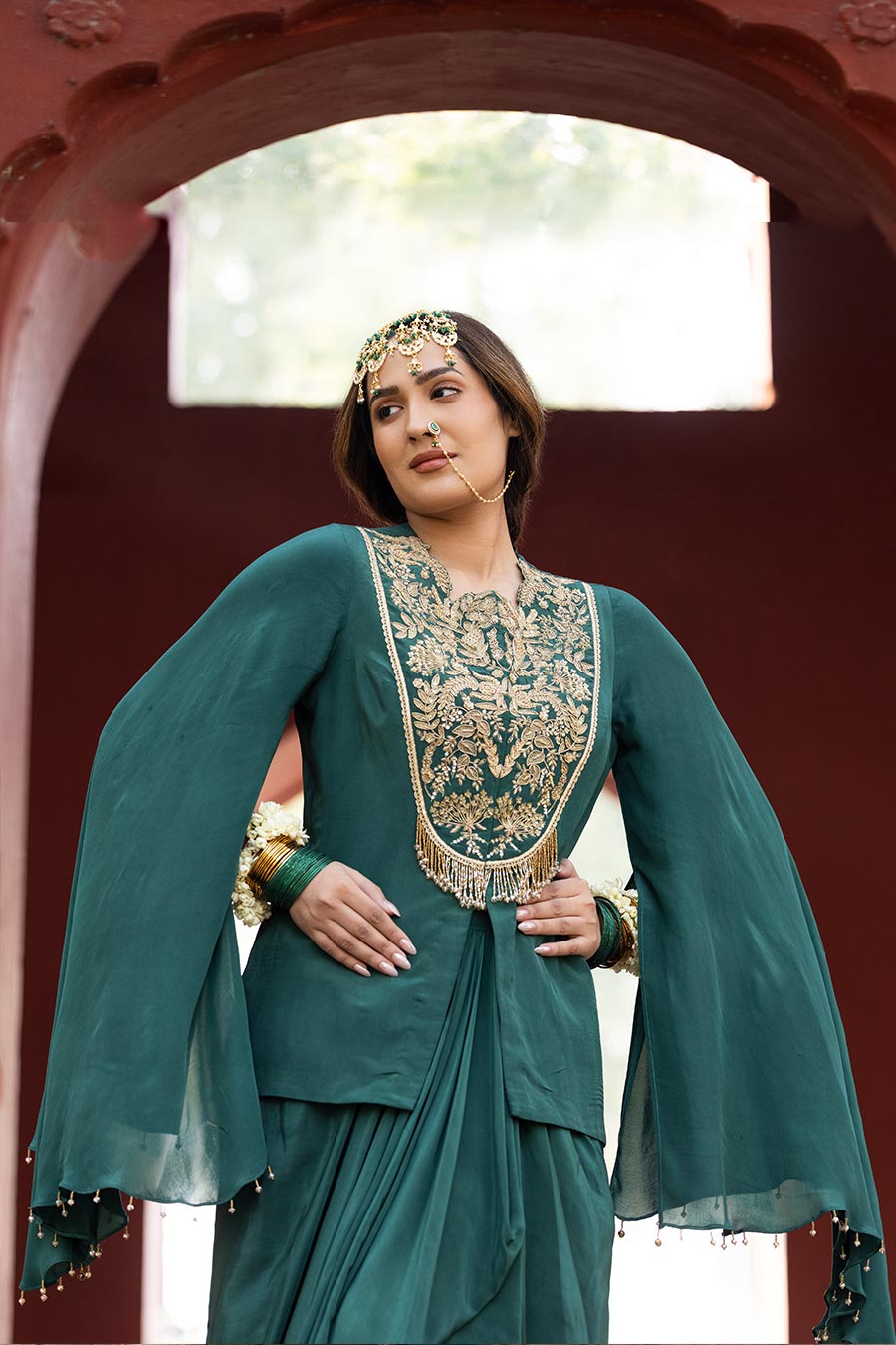 Green Embroidered Jacket & Skirt Co-Ord Set