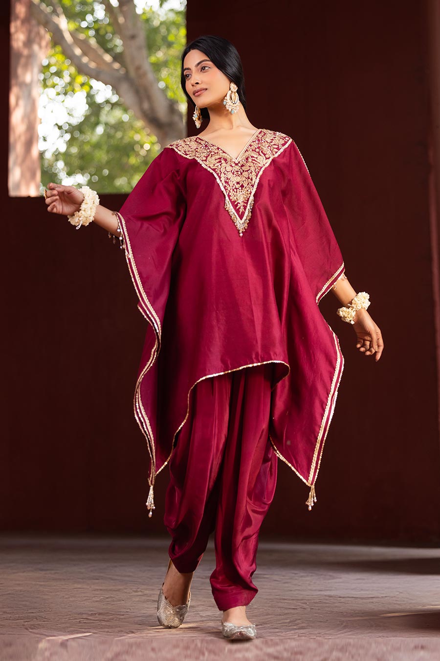 Red Embroidered Kaftan & Cowl Pant Set