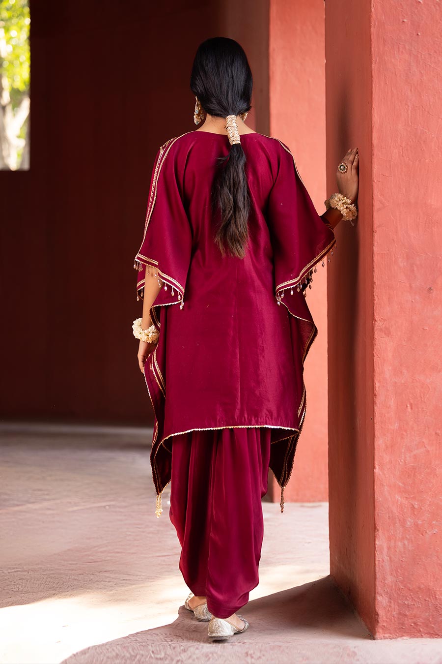 Red Embroidered Kaftan & Cowl Pant Set