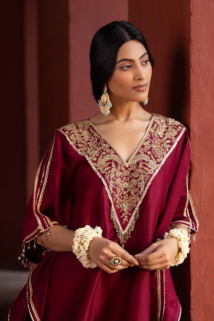 Red Embroidered Kaftan & Cowl Pant Set