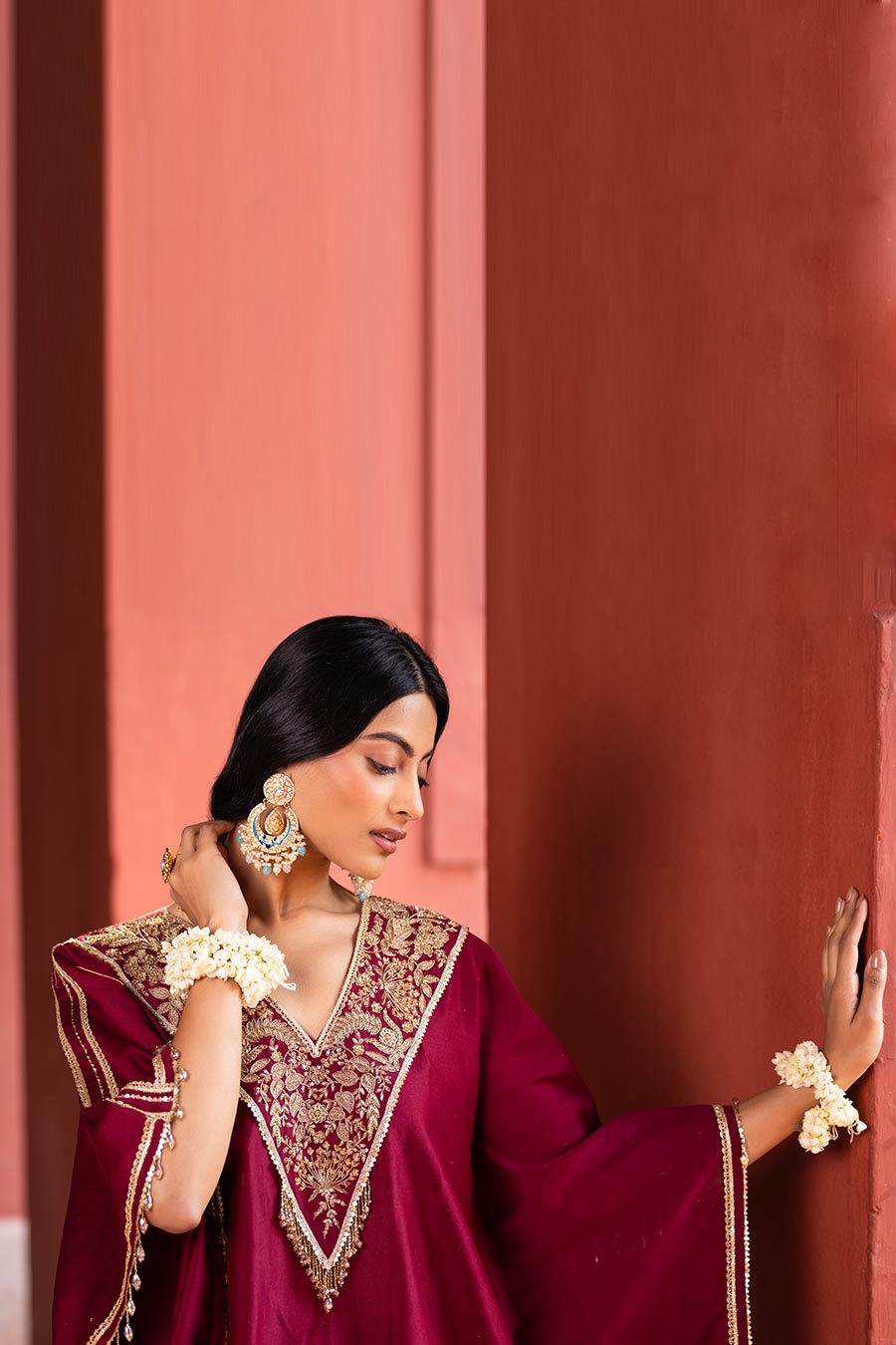 Red Embroidered Kaftan & Cowl Pant Set